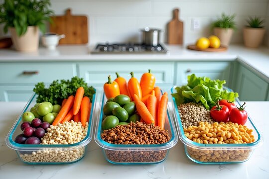 Vibrant Meal Prep: A Neatly Arranged Flat Lay of Colorful Containers with Fresh Vegetables and Grains in a Pristine Kitchen Setting.