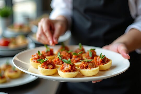 Catering Expert Carefully Arranging Colorful Low Sodium Appetizers on a Stylish Platter Amidst a Blurred Corporate Event Background.