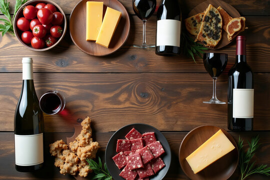Create a Stunning Flat Lay of a Thoughtfully Arranged Wine Tasting Experience with Artfully Positioned Glasses, a Variety of Wine Bottles, Gourmet Cheese, and Handcrafted Charcuterie.
