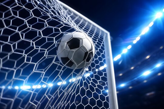 Soccer ball in goal net with stadium lights.