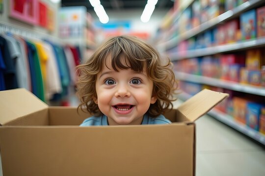Capturing a Moment of Wonder: A Child's Surprised Discovery Inside a Cardboard Box Amidst Colorful Store Goods