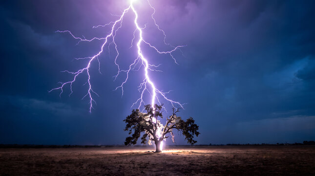 Dramatic Lightning Strike Over Isolated Trees in Stormy Night Landscape