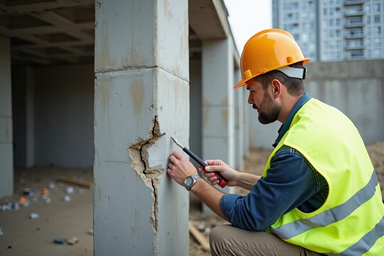 Construction worker in safety gear and hard hat inspecting a crack in a concrete pillar, tools in hand, amidst an unfinished construction site.