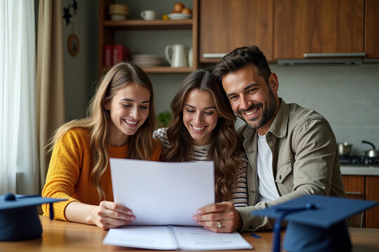 Heartwarming Moment: Parents Gather at the Kitchen Table, Surrounded by Graduation Decor, Joyfully Discussing Financial Aid Together
