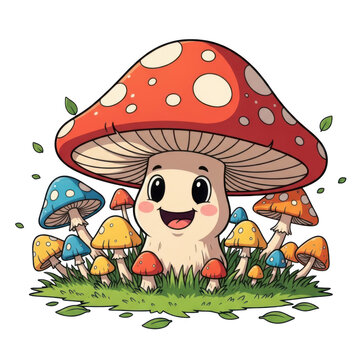 Cute cartoon mushroom character sitting in a grassy forest