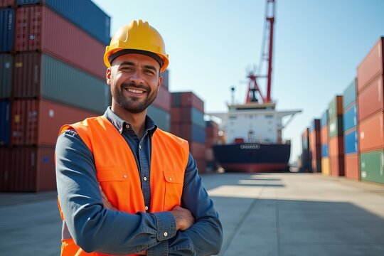 Document a Port Authority Employee in Action: Standing Resolutely at a Bustling Shipping Dock Amidst Towering Containers and a Nearby Unloading Cargo Ship