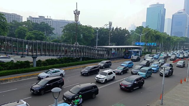 Perspective View of Traffic Congestion in Jakarta Business District From Overpass