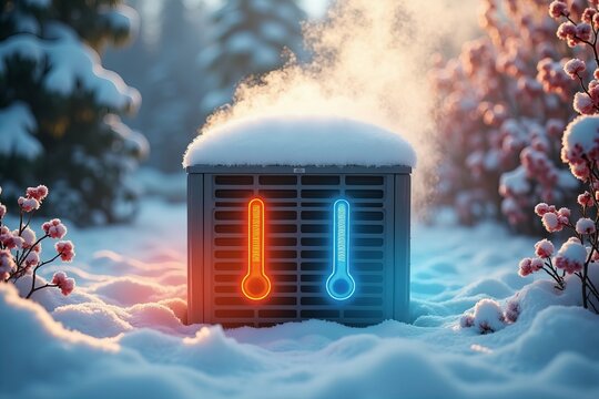 Close-Up of a Heat Pump Unit with Visible Steam or Condensation, Demonstrating Heat Transfer Amidst Snow on One Side and a Flowering Garden on the Other