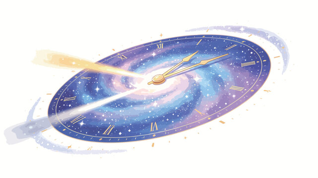 Mystical Galaxy Clock with Golden Hands, Starry Sky and Cosmic Light Rays