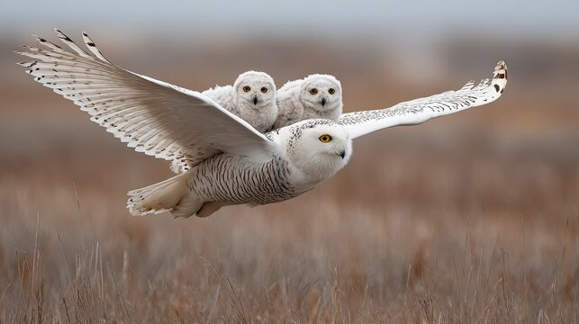 Snowy owl flying with owlets over autumn grass field.