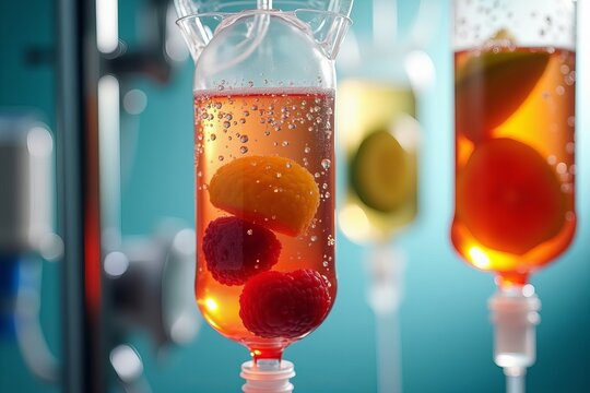 Close-Up of a Colorful Fruit-Infused IV Bag Next to Sterile Medical Gear, Capturing the Essence of Health and Nutrition in Radiant Reflections