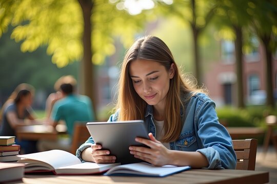A Student Engrossed in Sleep Data at a Lively Outdoor Campus Caf&eacute;, Surrounded by Books and Sunlight Filtering Through Trees