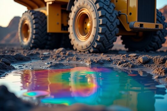 Highlight the Contrasting Beauty: Close-Up of a Vibrant Iridescent Oil Spill Pooled Around Industrial Machinery