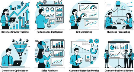 Fototapeta premium Business Performance Analytics and KPI Dashboard Flat Vector Illustration Collection for Growth Strategy