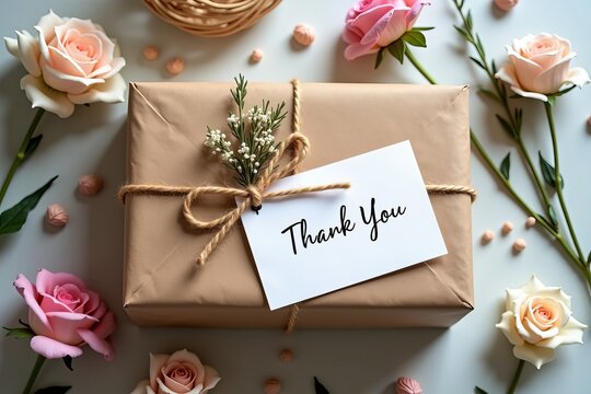 Chic Flat Lay of a Thoughtfully Wrapped Gift with a Handwritten Thank You Card, Enhanced by Dried Flowers and Twine for a Personalized E-Commerce Experience.
