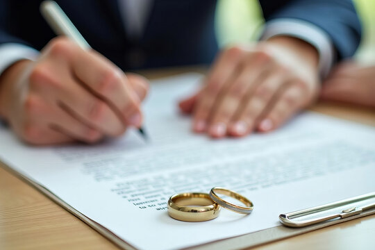 Close-Up of Hands Signing a Legal Document, Accompanied by Wedding Rings Symbolizing the End of a Marriage and New Beginnings