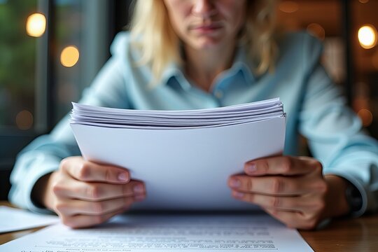 Close-Up of a Client's Gripped Hands on Legal Papers, with a Partial View of Their Face Reflecting Stress and Determination