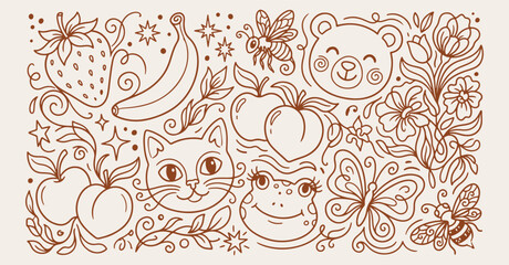 fruit harvest orchard pattern, organic fresh food background, summer fruit wallpaper, healthy lifestyle illustration, garden bounty doodle, juicy berry texture, vibrant farm theme, culinary art design © Geetaroy