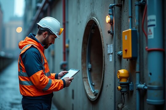 Dynamic Scene of Technician in Protective Gear Analyzing Tablet Data Next to High-Tech Sewer Access Point Amidst Urban Infrastructure
