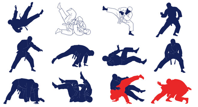 Martial arts athletes practicing jiu-jitsu and judo grappling