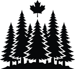Obraz premium Canada forest, pine tree silhouettes, maple leaf icon, black vector graphics