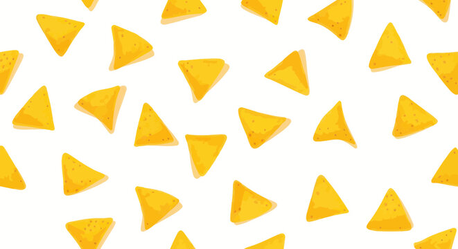 Seamless pattern with crunchy triangular yellow corn tortilla chips