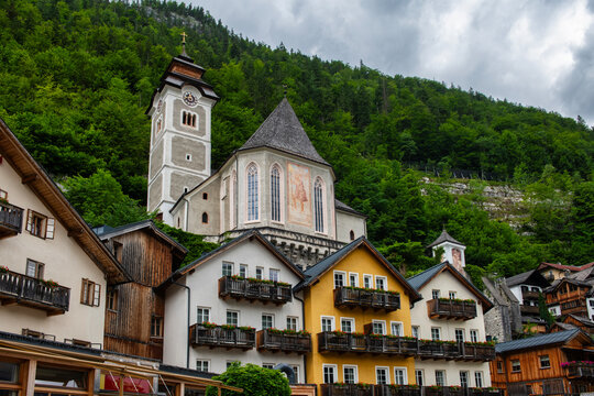 The beautiful village and the Roman Catholic church of Hallstatt in Austria. This is the second most visited place in Austria after Vienna. 