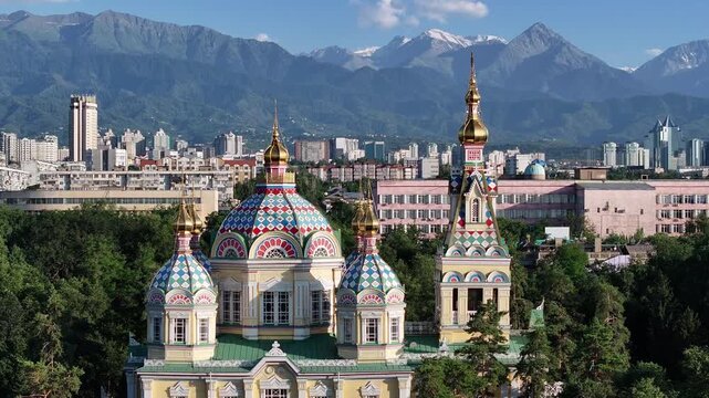 Quadcopter view of the Orthodox wooden Ascension Cathedral built in 1907 in the Kazakh city of Almaty