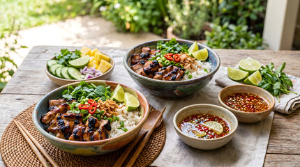 Fototapeta premium Bowls of grilled chicken with rice and fresh vegetable toppings are served on a wooden table alongside small dipping sauces and chopsticks.