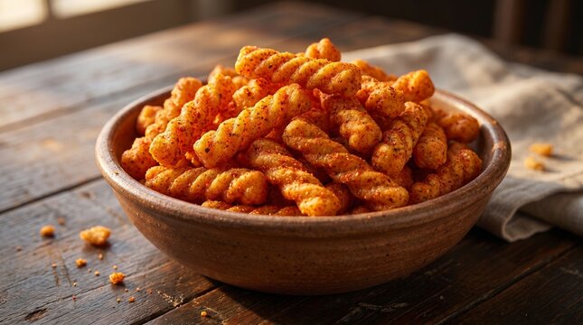 Crunchy Spicy Corn Puff Snack in Rustic Bowl