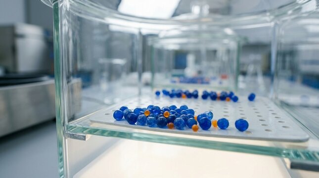 Silica Gel Desiccant Beads Inside Glass Desiccator Cabinet
