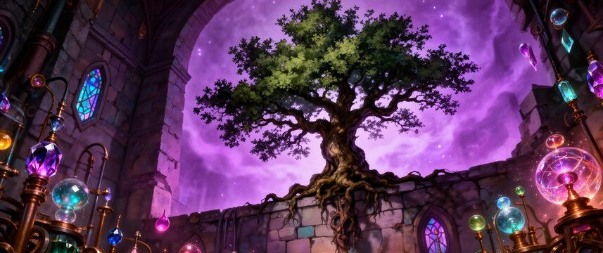 A heroic oak tree perches inside a wizard's tower