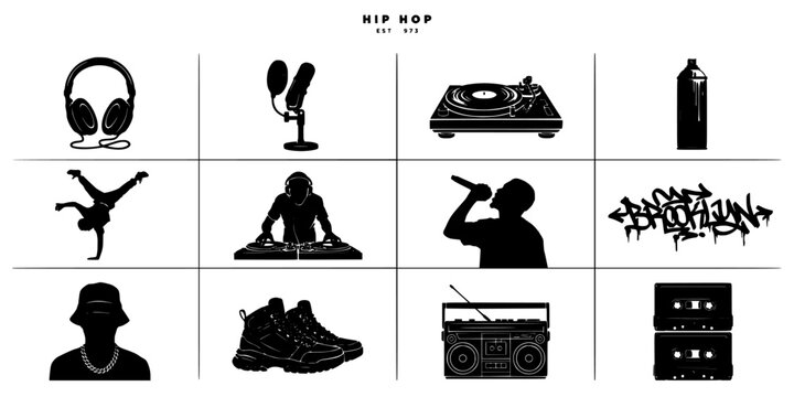 Hip Hop Icons Featuring Headphones, Microphone, Turntable, Spray Paint, Breakdancer, Dj, Rapper, Graffiti, Sneakers, Boombox