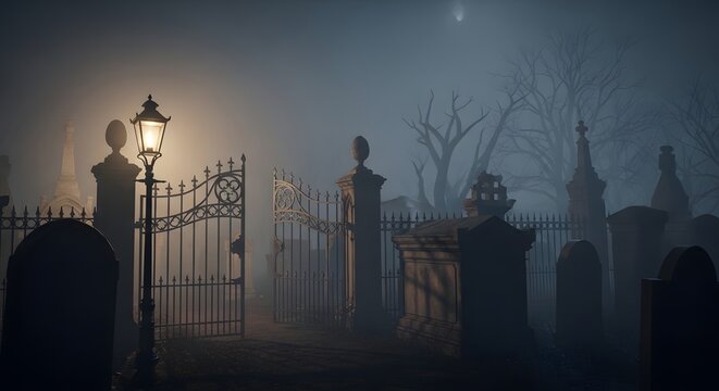 Mysterious gothic graveyard entrance with ornate iron gates and a vintage lamp post in thick night fog
