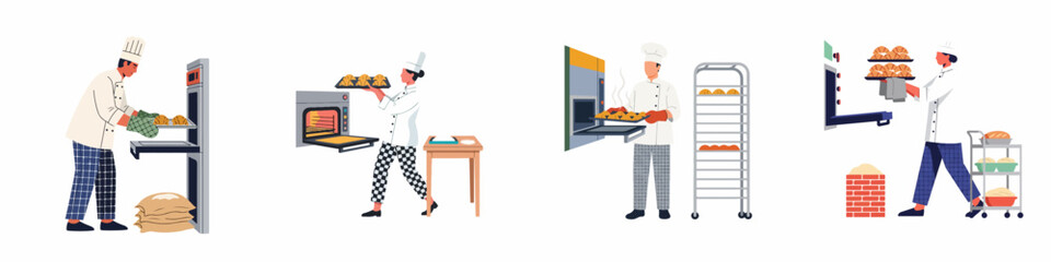 Fototapeta premium Set of professional bakers and pastry chefs working in a bakery, baking fresh bread and croissants in industrial ovens.