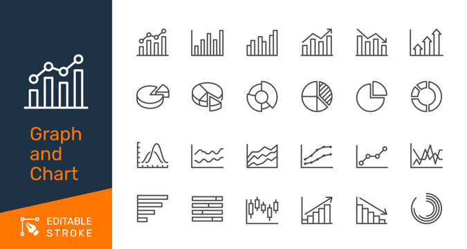 Graph and Chart thin line icon collection for business analytics, financial statistics and data visualization concept. Editable stroke. Pixel perfect.
