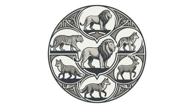 Circular multi-animal emblem featuring lion wolf and deer.
