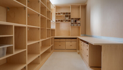 Fototapeta premium Empty wooden shelving unit in a room, Interior design