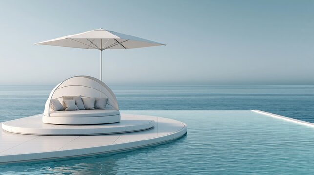 Luxury outdoor lounge daybed with umbrella beside infinity pool overlooking tranquil ocean