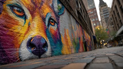 Fototapeta premium Vibrant street art wolf mural.