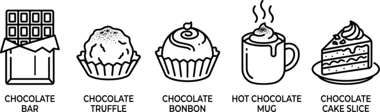 Chocolate Sweet Icon Set, Line Art Chocolate Bar, Truffle, Bonbon and Cake Slice Vector