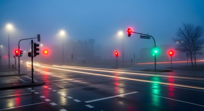 Mysterious Foggy City Night Street with Glowing Traffic Lights and Wet Asphalt Reflections