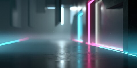 Fototapeta premium Futuristic glowing neon corridor with atmospheric fog and reflective floor