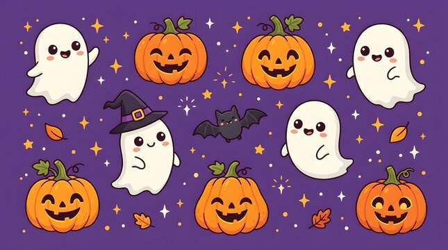 Cute halloween pattern with friendly ghosts, smiling jackolantern pumpkins, and a small bat on a purple background with stars and autumn leaves