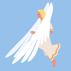 Fototapeta premium Blonde angel in white robe flying with large wings on blue background vector illustration