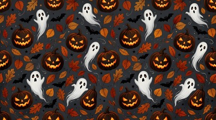 Fototapeta premium Seamless halloween pattern with spooky jackolanterns, ghosts, bats, and autumn leaves on a dark grey background