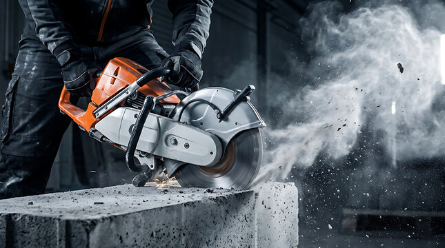 Construction Worker Using Power Saw To Cut Concrete Block In Industrial Building Site
