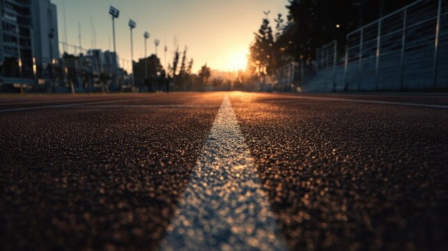 Running track with white line at golden sunset