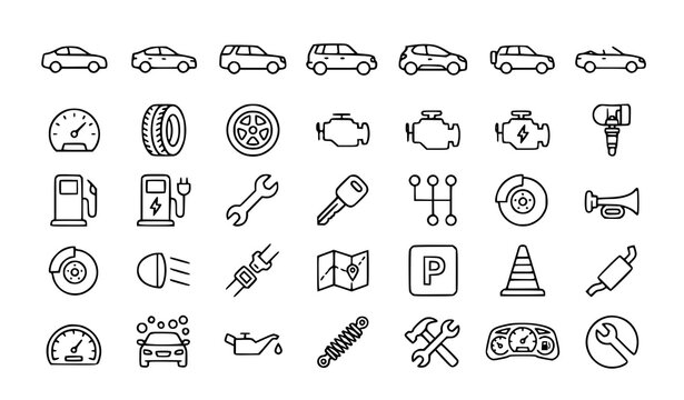 Automotive icons set vehicle repair maintenance and safety symbols