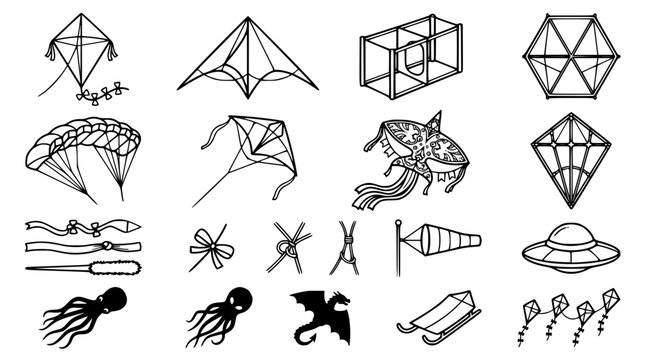 Kite and flying toy collection featuring diverse geometric shapes dragon motifs and recreational flying objects for kids outdoor activity design and illustration projects